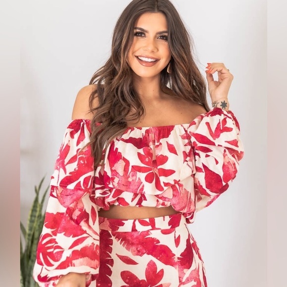 Pink Lily Passport to Paradise Pink and White Off the Shoulder Printed Blouse - Picture 1 of 8